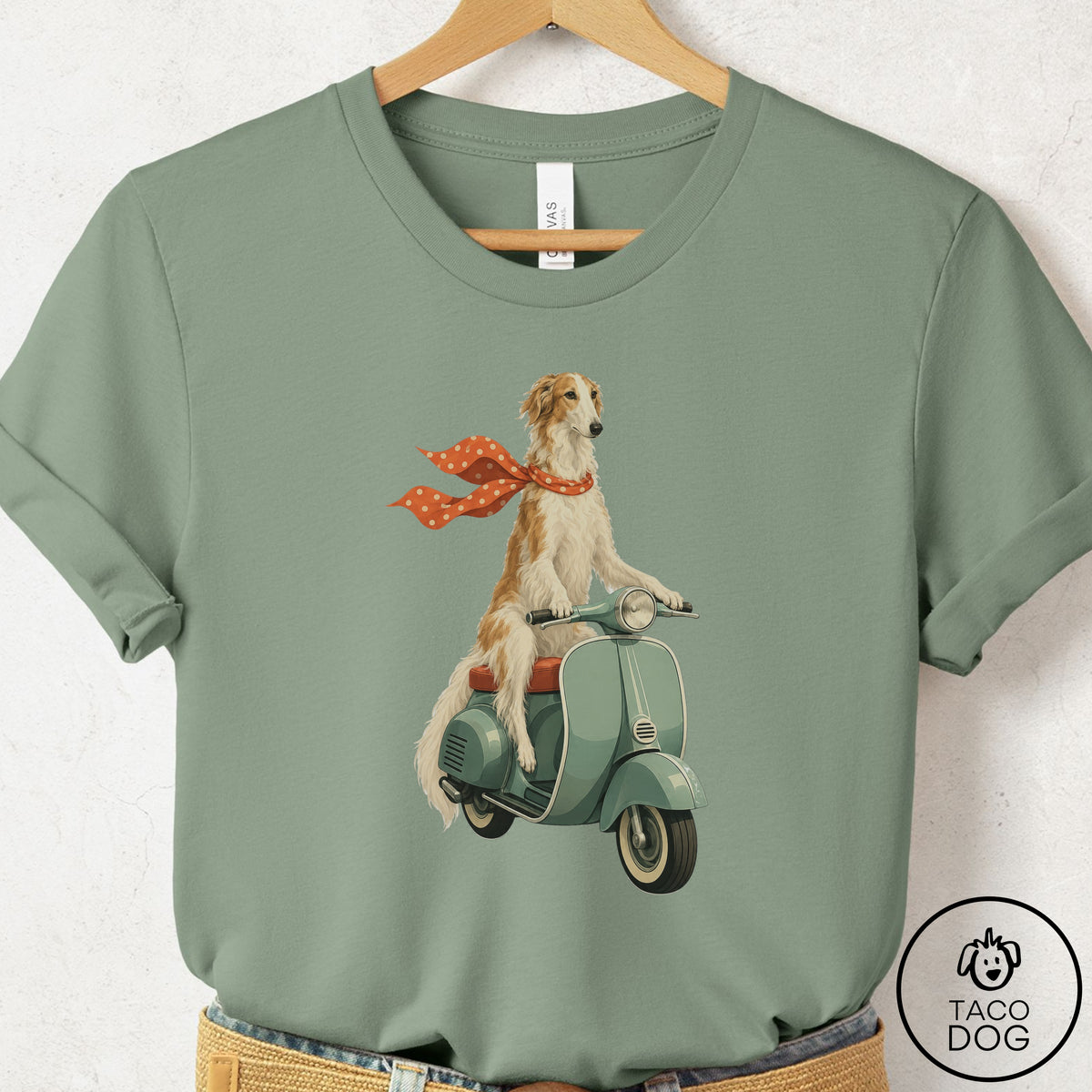 Borzoi Scooter T-Shirt Sage Taco-Dog