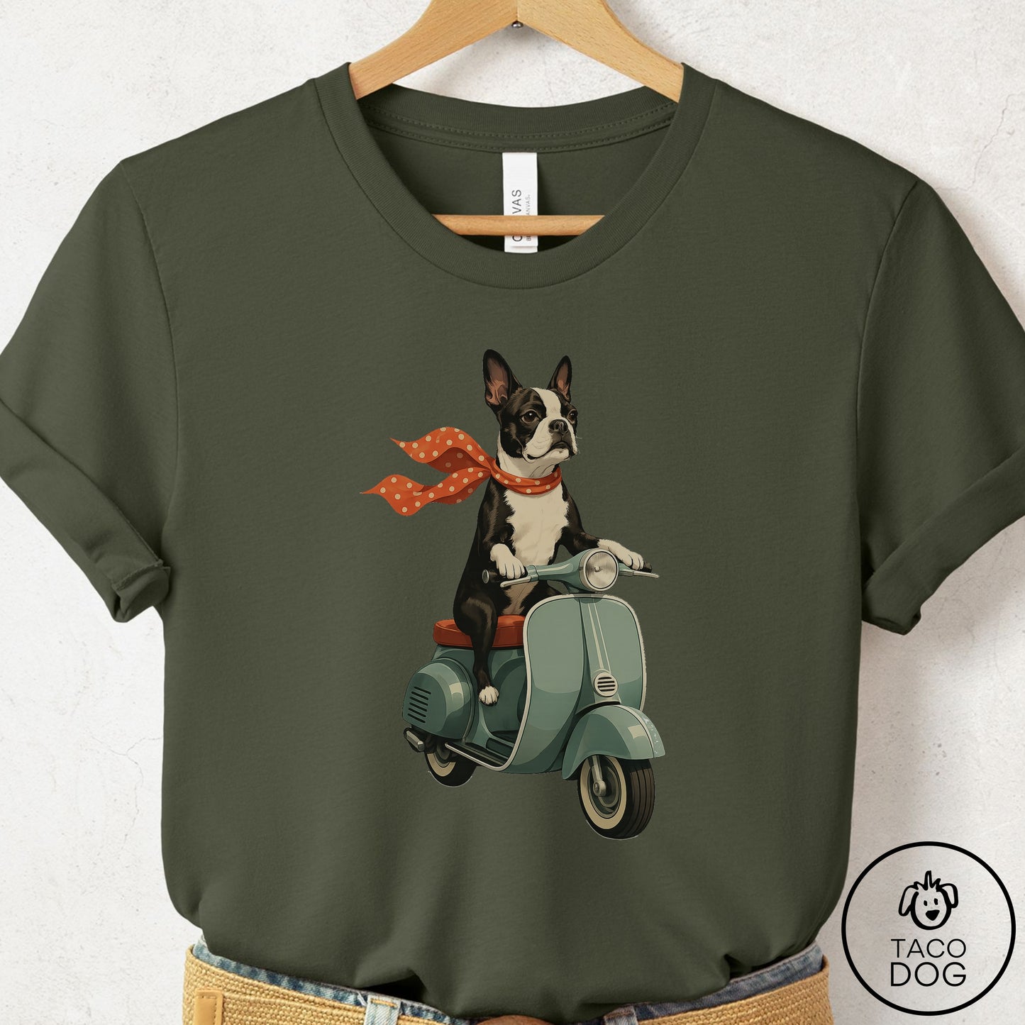 Boston Terrier Scooter T-Shirt Military Green Taco-Dog