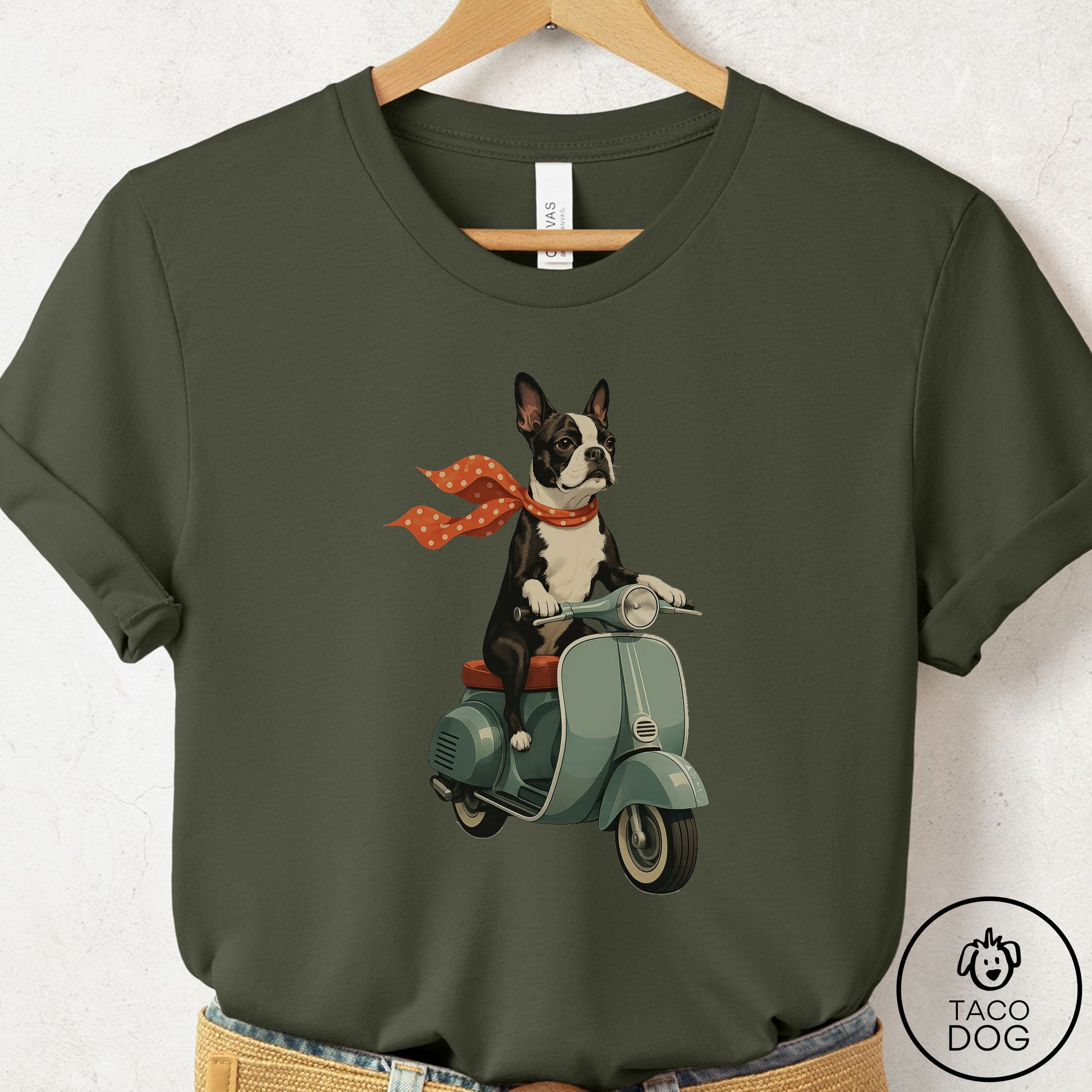 Boston Terrier Scooter T-Shirt Military Green Taco-Dog