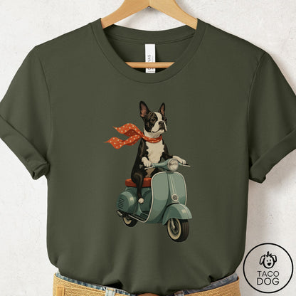 Boston Terrier Scooter T-Shirt Military Green Taco-Dog