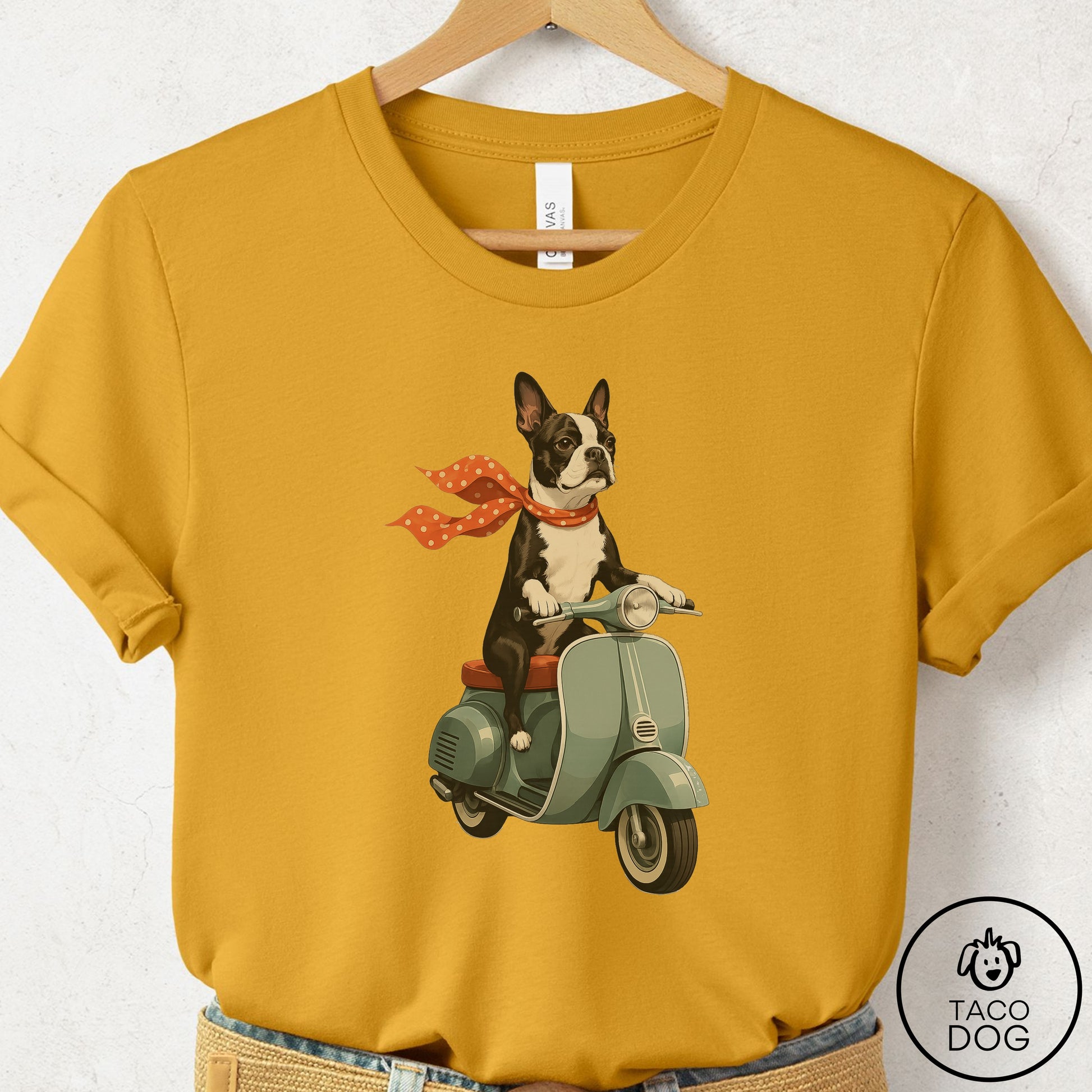 Boston Terrier Scooter T-Shirt Mustard Taco-Dog