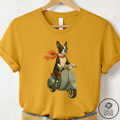 Boston Terrier Scooter T-Shirt Mustard Taco-Dog