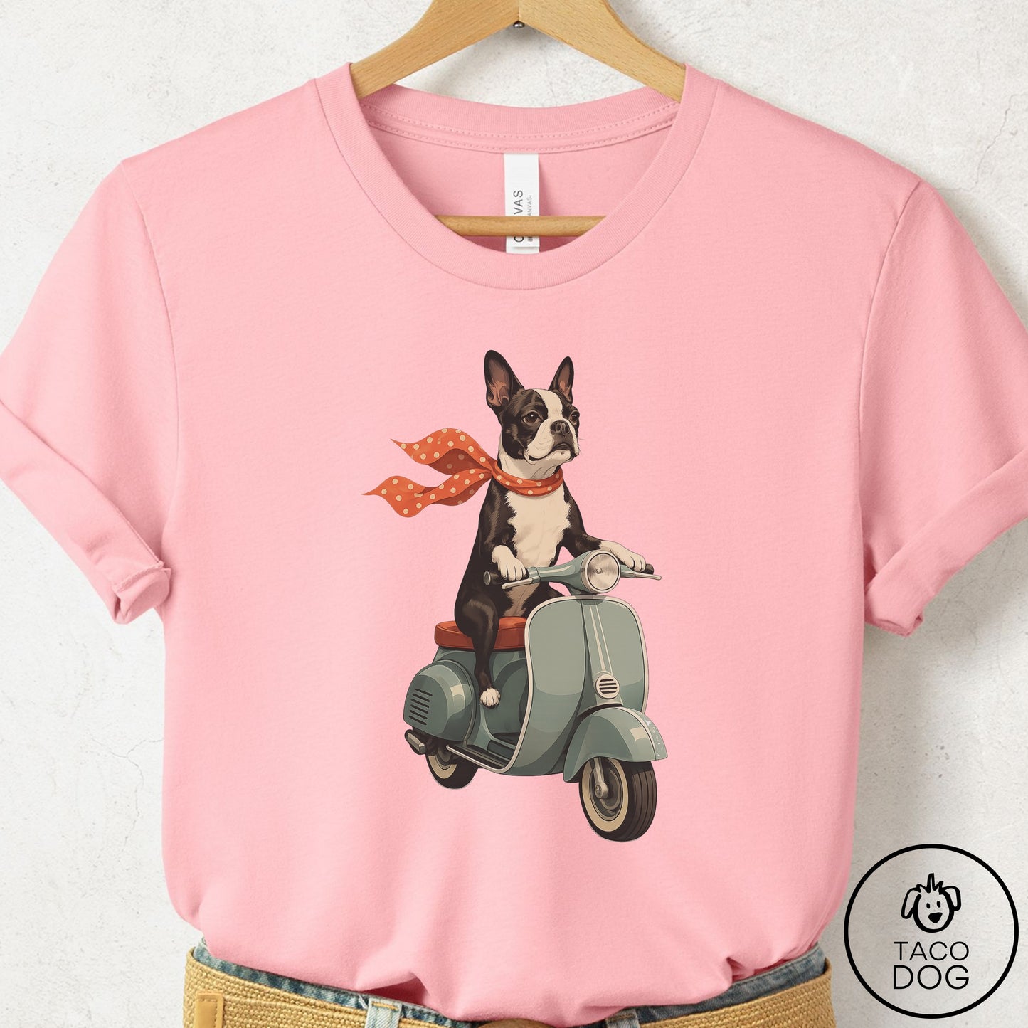 Boston Terrier Scooter T-Shirt Pink Taco-Dog