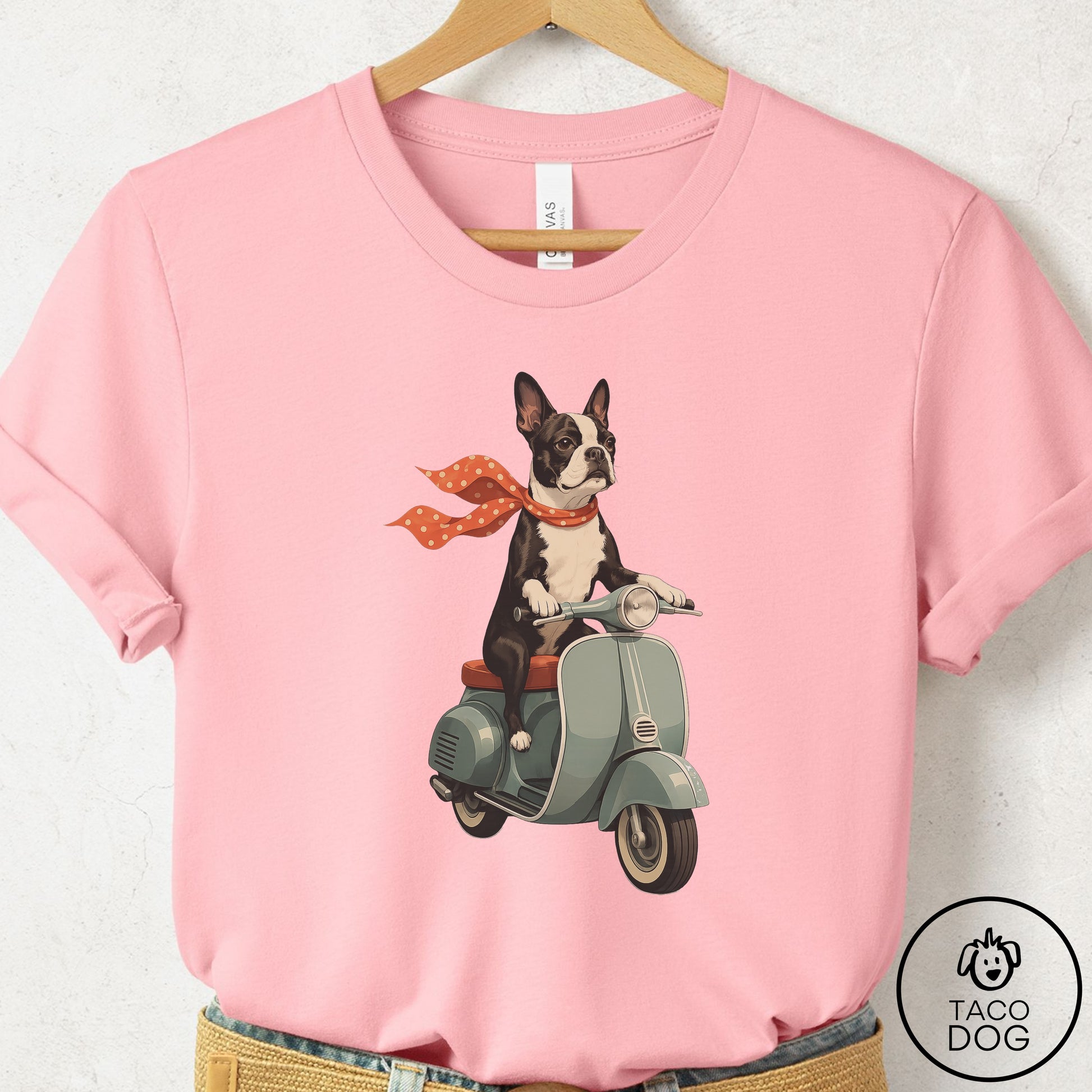 Boston Terrier Scooter T-Shirt Pink Taco-Dog