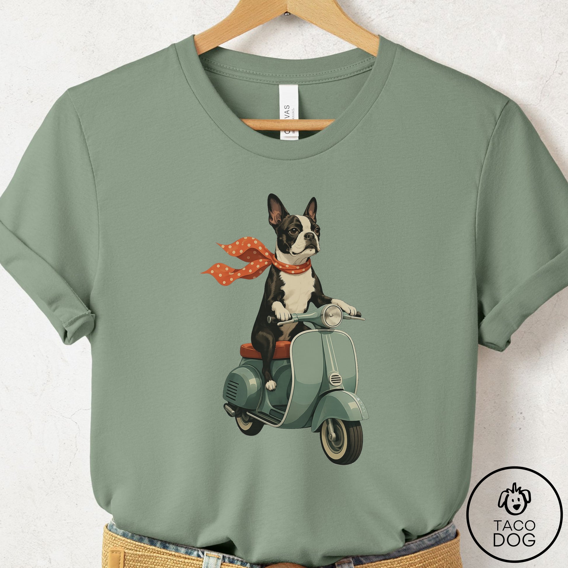 Boston Terrier Scooter T-Shirt Sage Taco-Dog