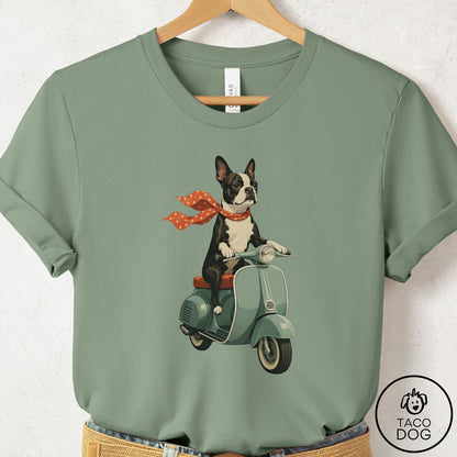 Boston Terrier Scooter T-Shirt Sage Taco-Dog