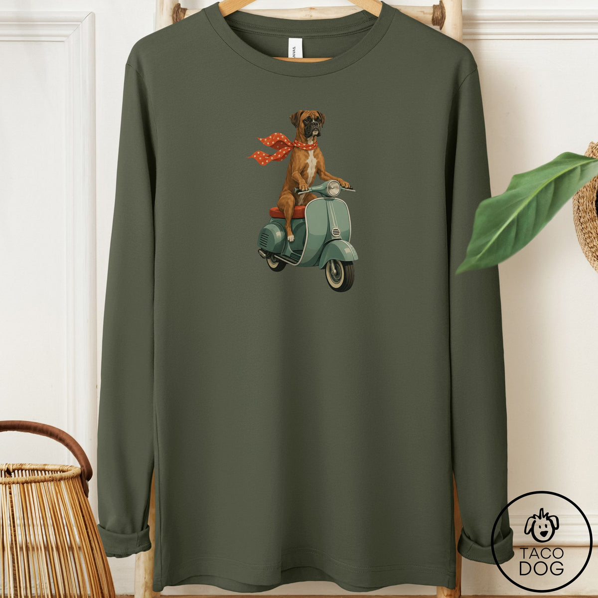 Boxer Scooter Long Sleeve Tee Military Green Taco-Dog