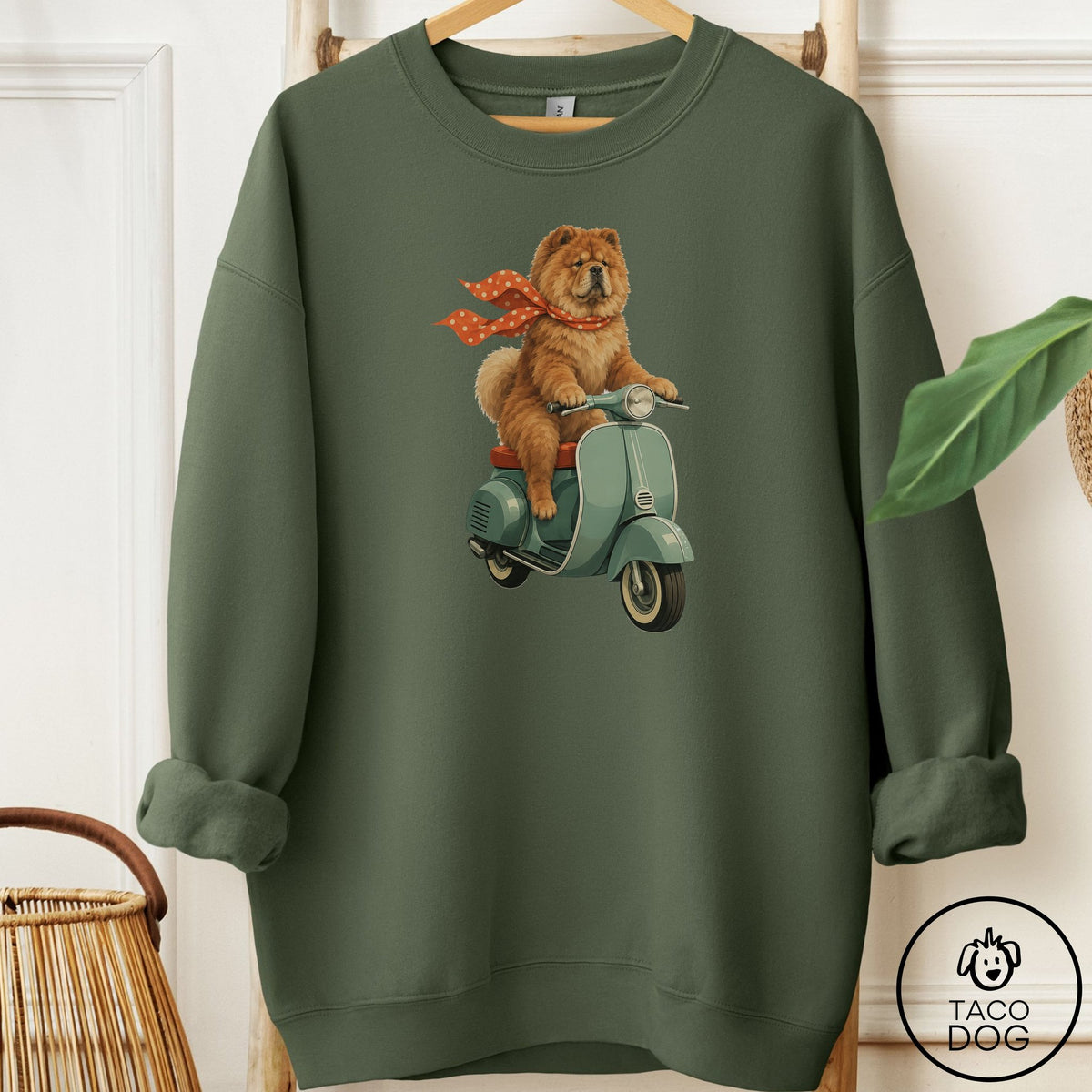 Chow Chow Scooter Sweatshirt Military Green Taco-Dog