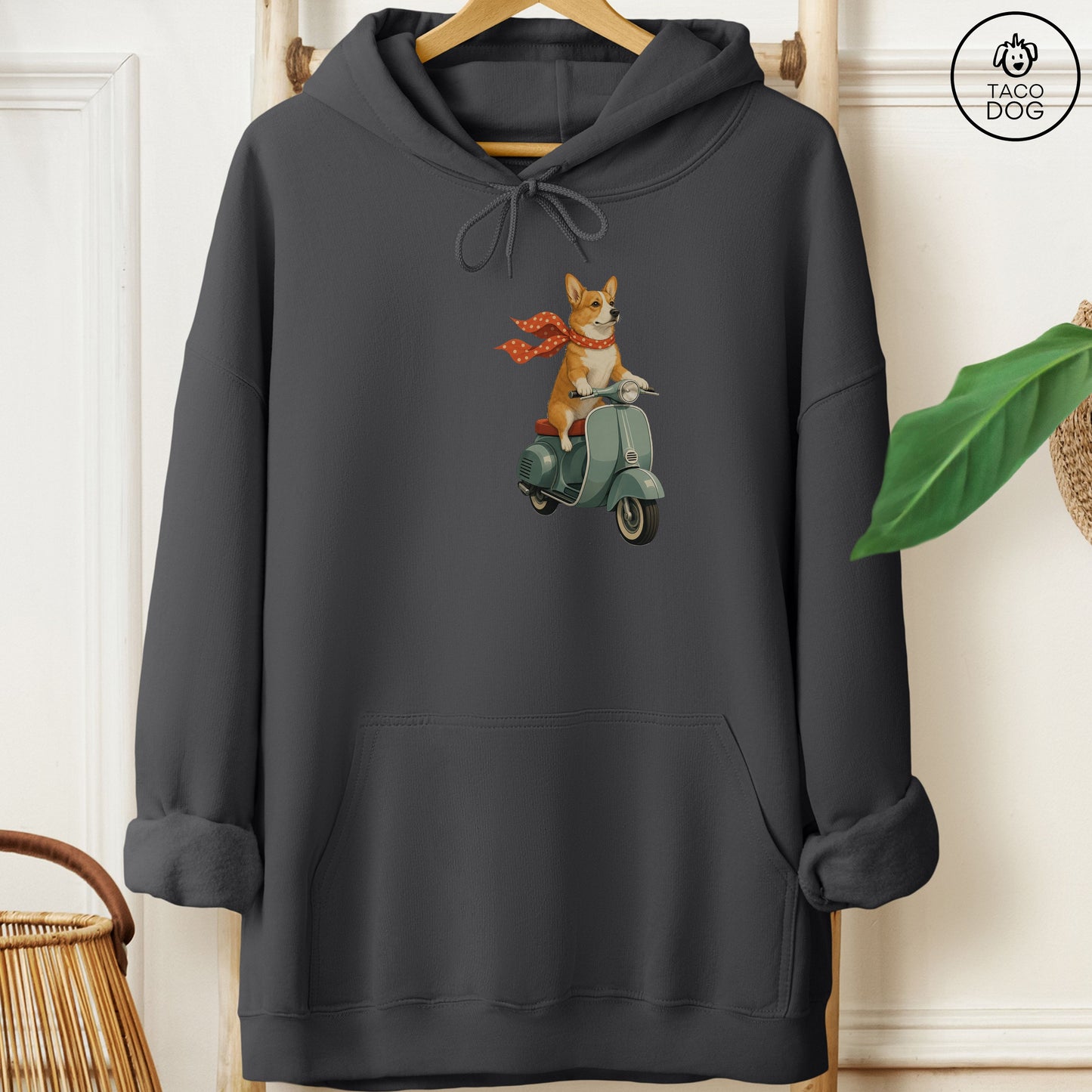 Corgi Scooter Hoodie Charcoal Taco-Dog