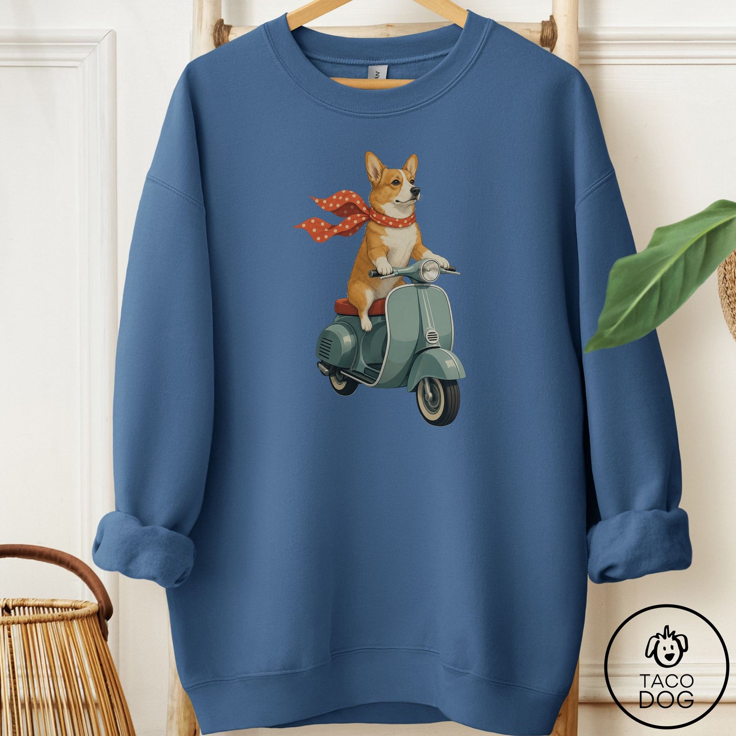 Corgi Scooter Sweatshirt Indigo Blue Taco-Dog