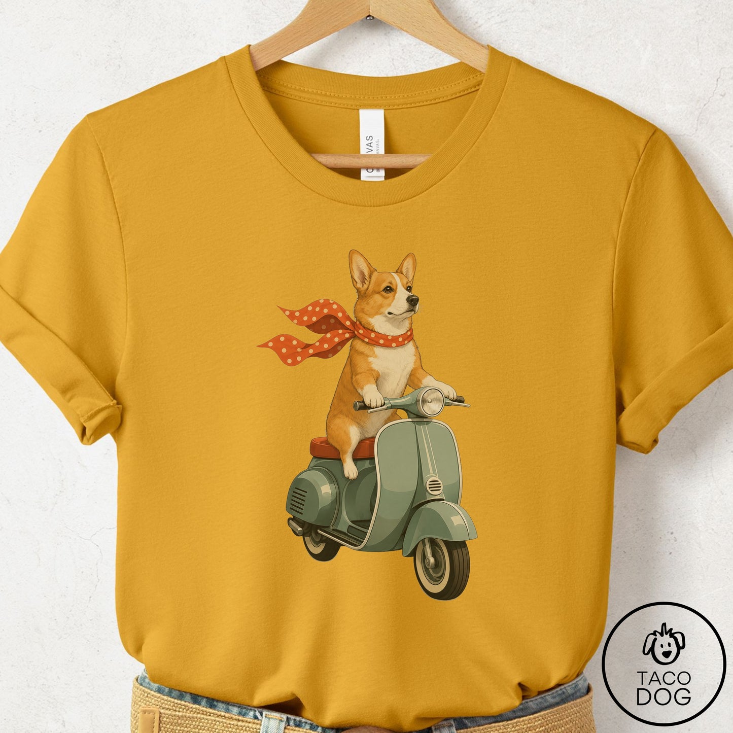 Corgi Scooter T-Shirt Mustard Taco-Dog