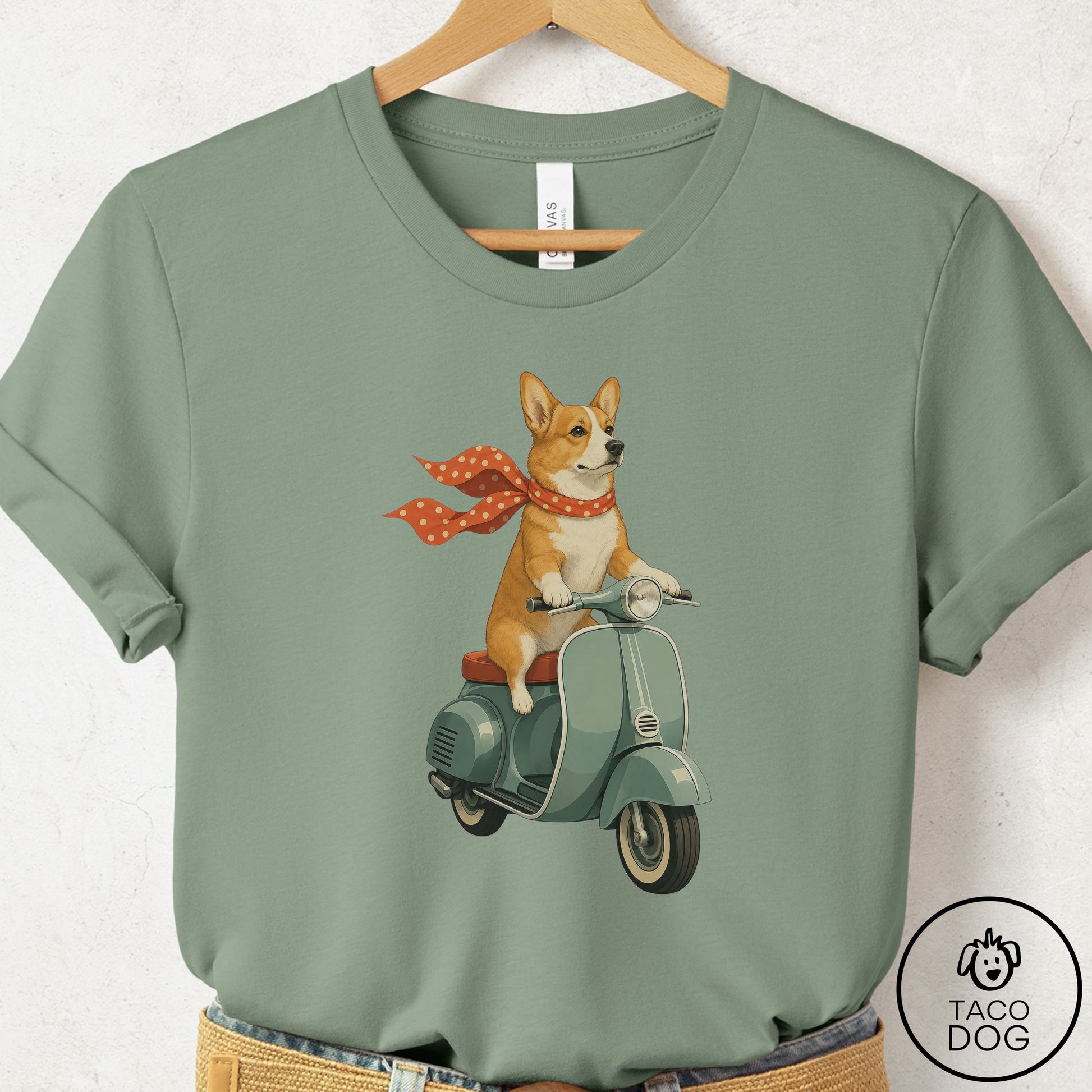 Corgi Scooter T-Shirt Sage Taco-Dog