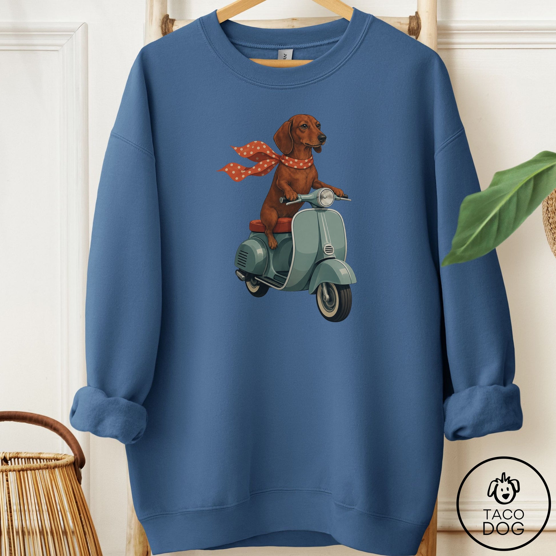 Dachshund Scooter Sweatshirt Indigo Blue Taco-Dog