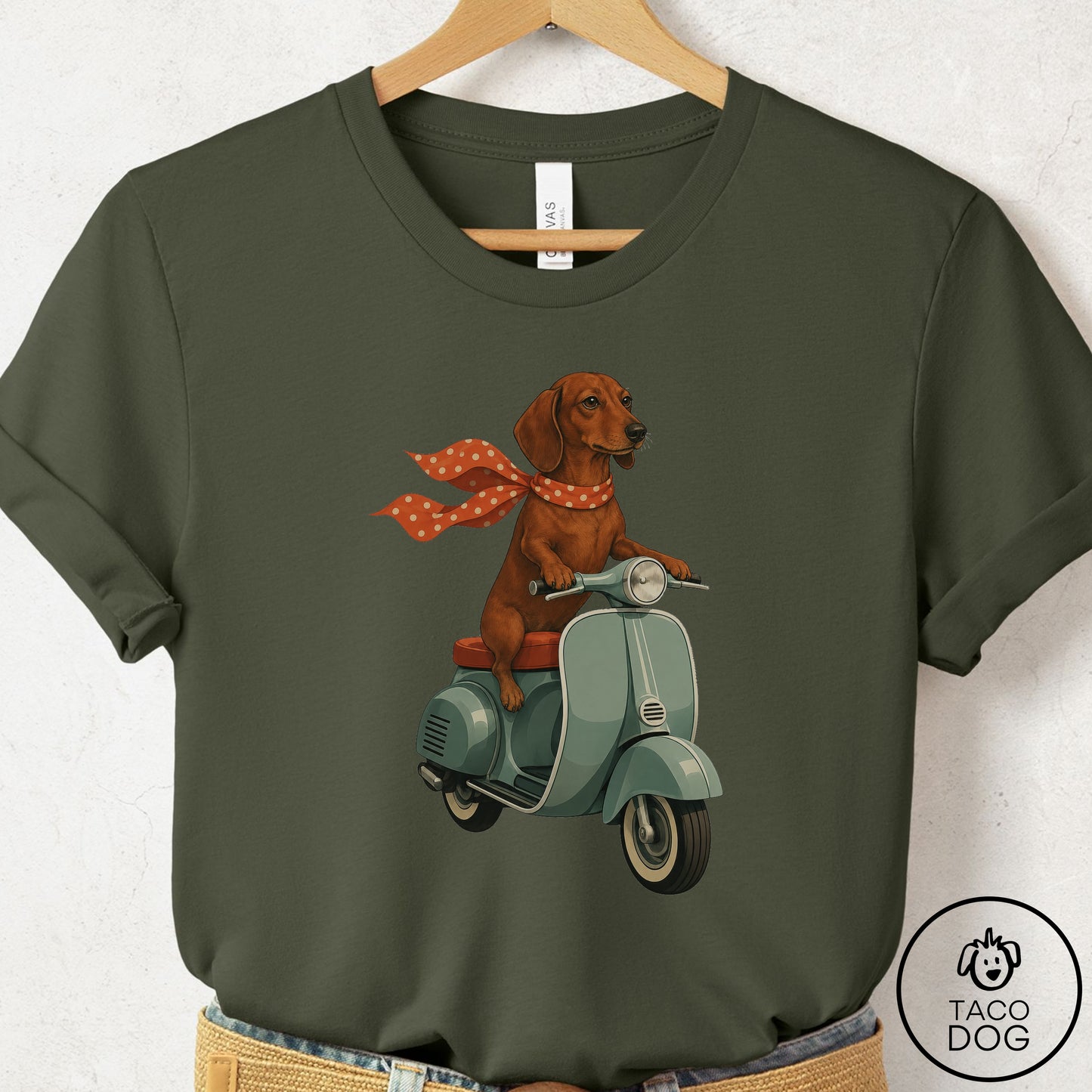 Dachshund Scooter T-Shirt Military Green Taco-Dog