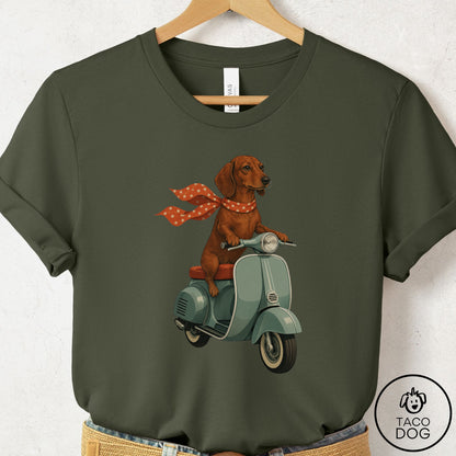 Dachshund Scooter T-Shirt Military Green Taco-Dog