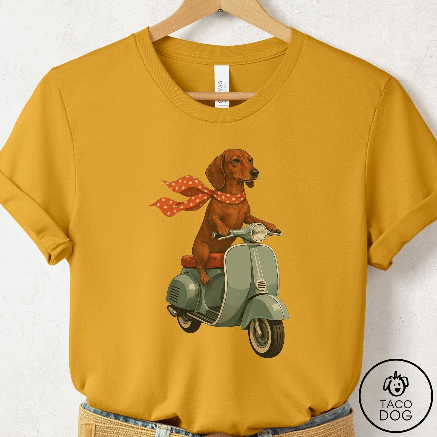 Dachshund Scooter T-Shirt Mustard Taco-Dog