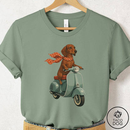 Dachshund Scooter T-Shirt Sage Taco-Dog