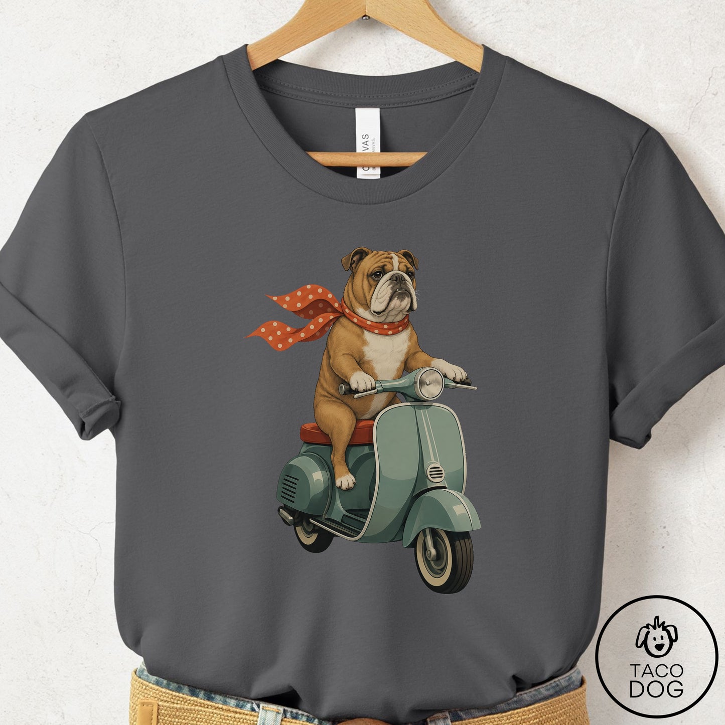 English Bulldog Scooter T-Shirt Asphalt Taco-Dog