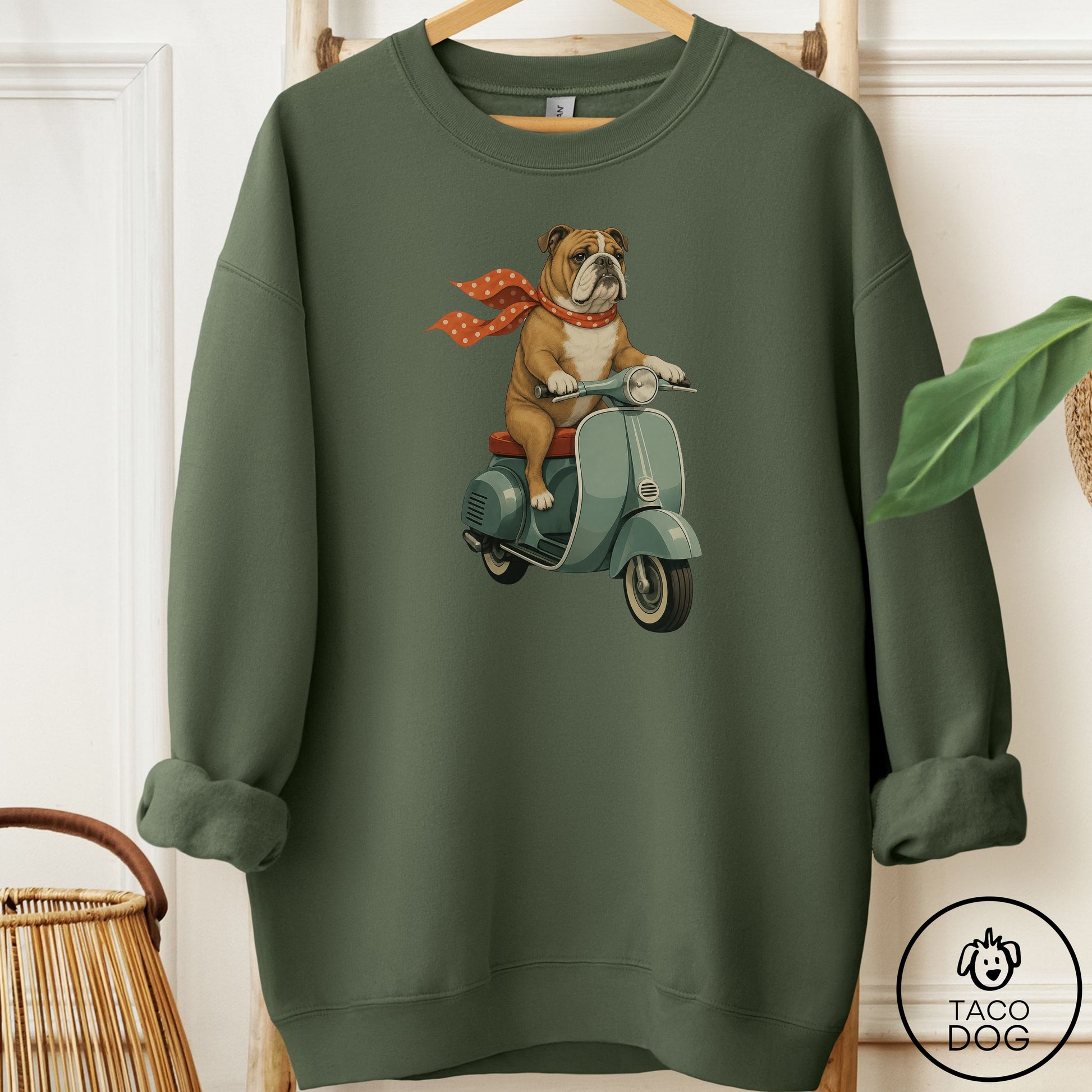 English Bulldog Scooter Sweatshirt Military Green Taco-Dog
