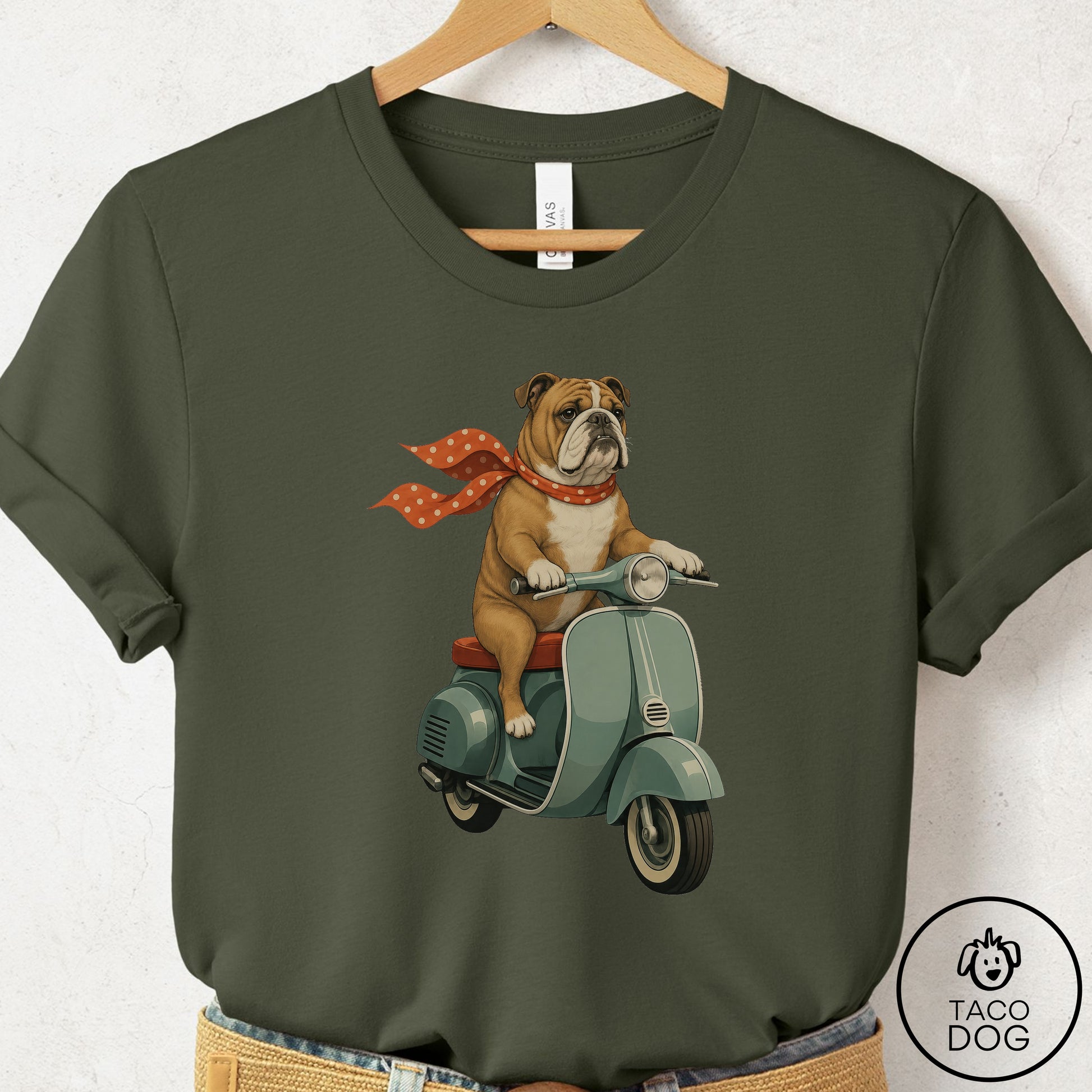 English Bulldog Scooter T-Shirt Military Green Taco-Dog