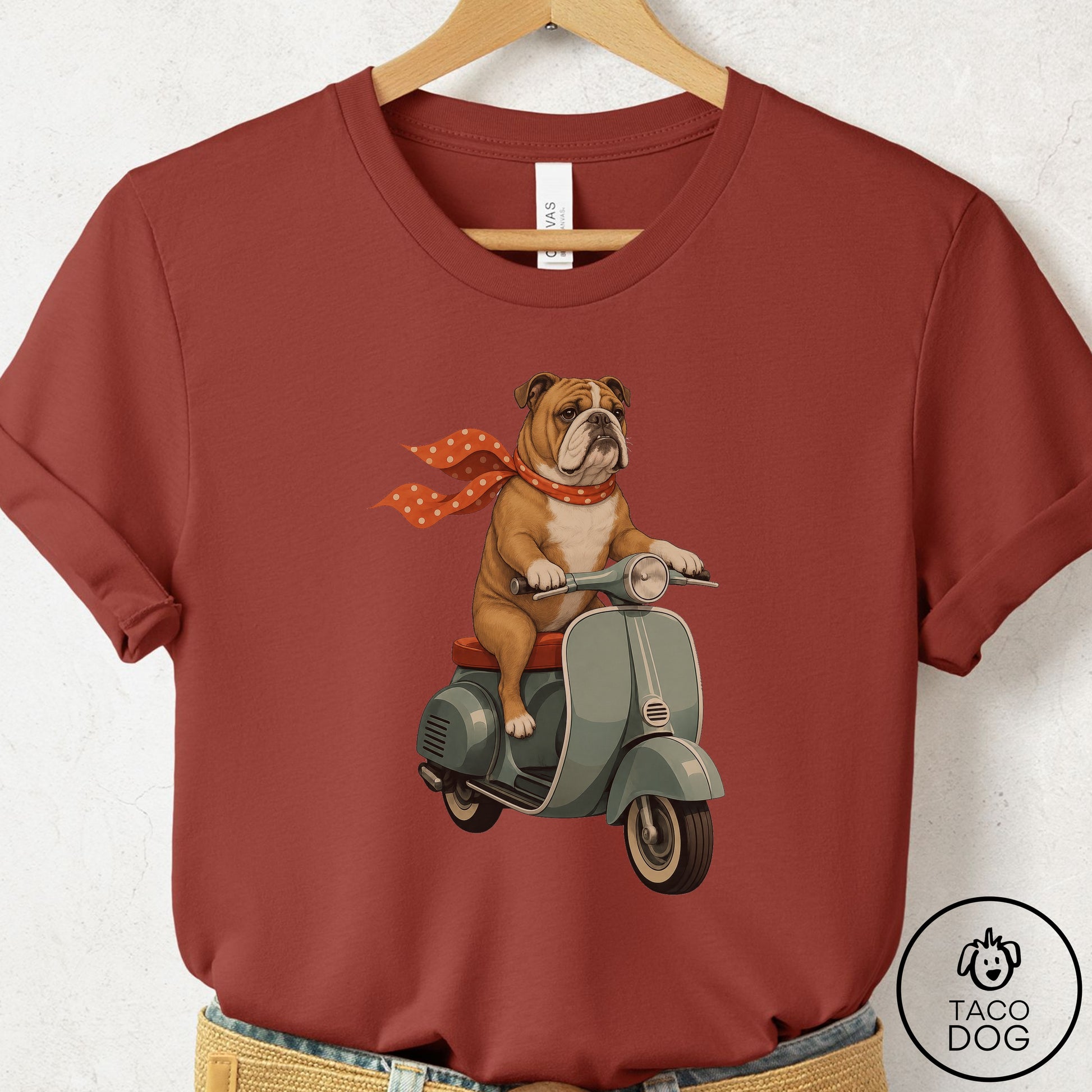 English Bulldog Scooter T-Shirt Rust Taco-Dog