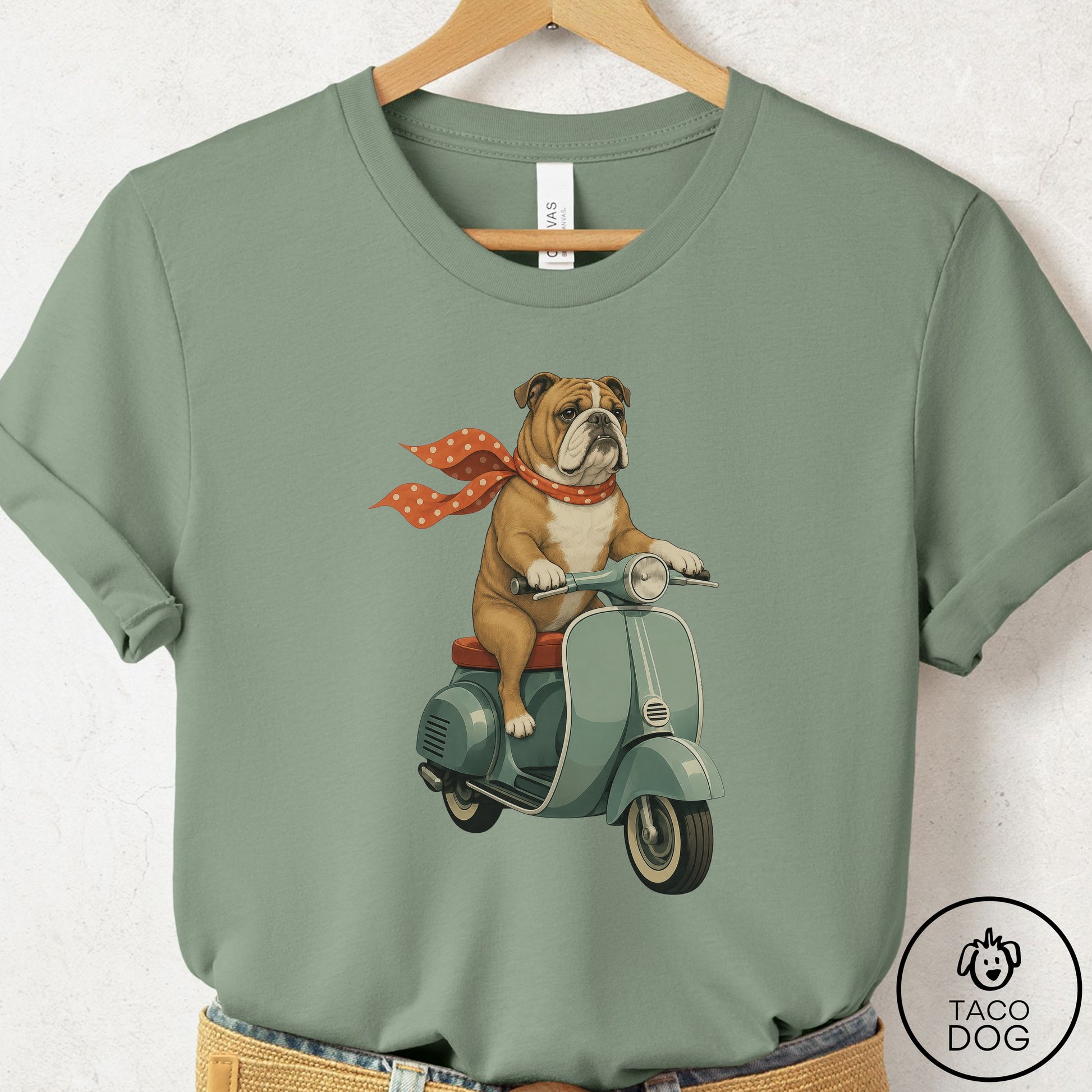 English Bulldog Scooter T-Shirt Sage Taco-Dog