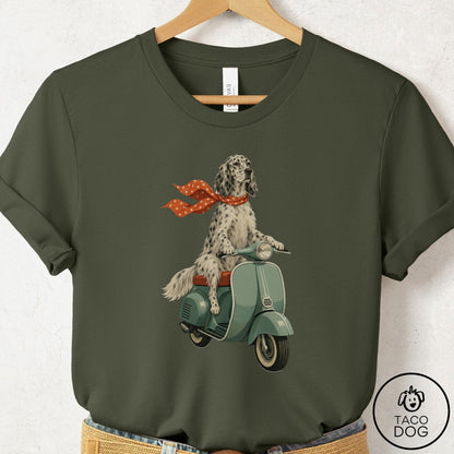 English Setter Scooter T-Shirt Military Green Taco-Dog