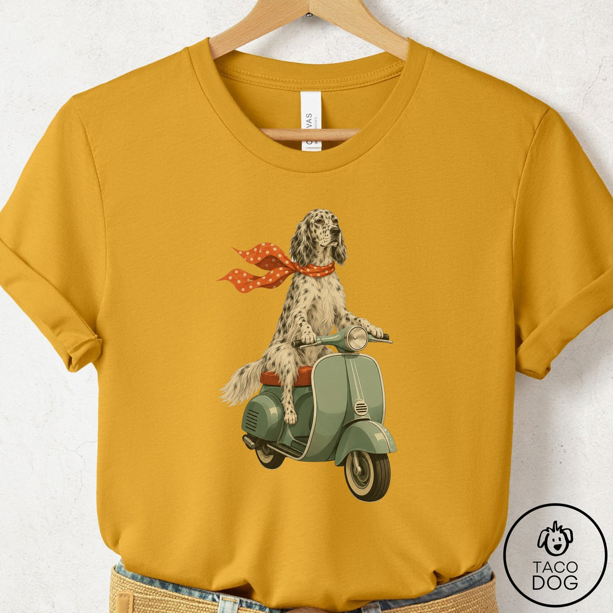 English Setter Scooter T-Shirt Mustard Taco-Dog