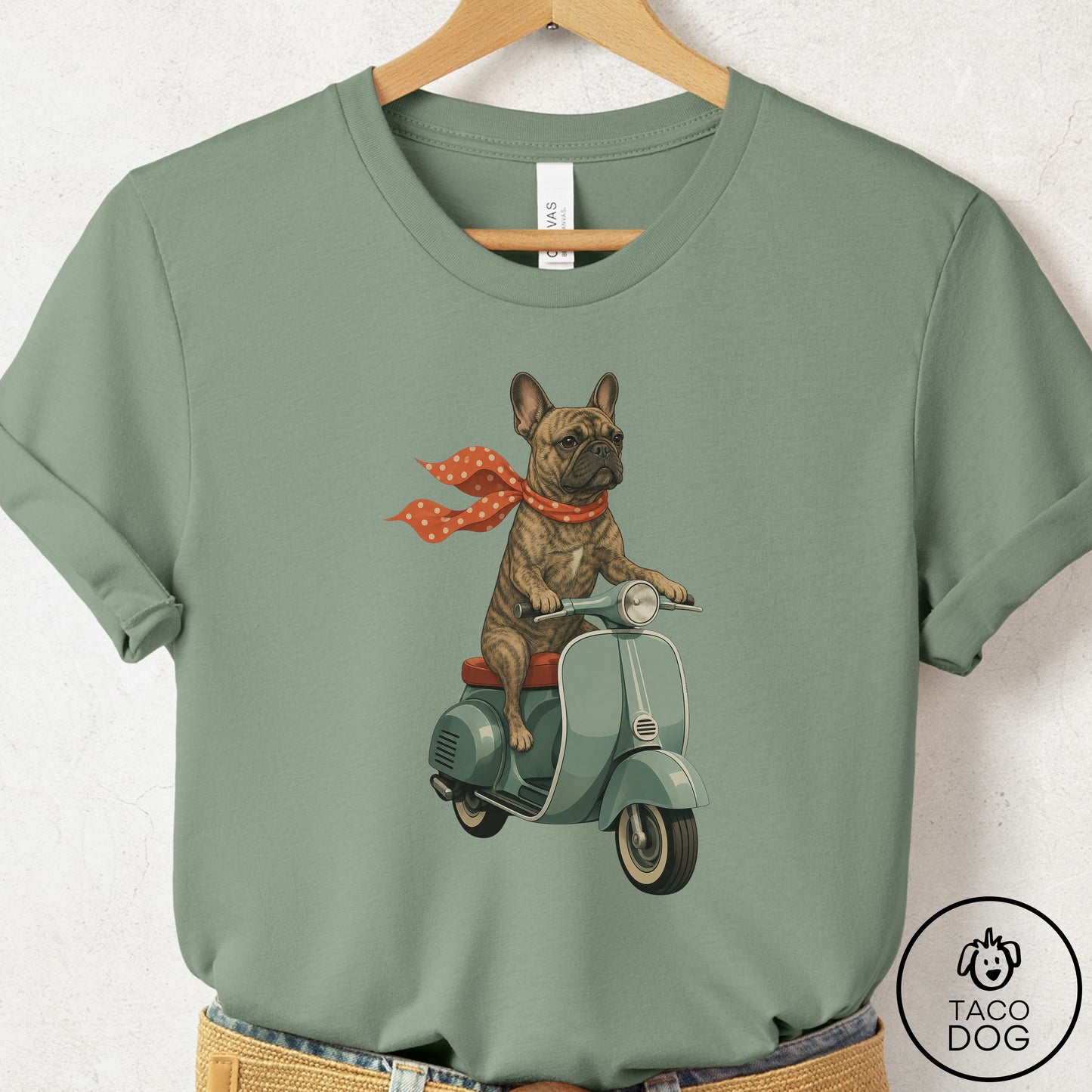 French Bulldog Frenchie Scooter T-Shirt Sage Taco-Dog