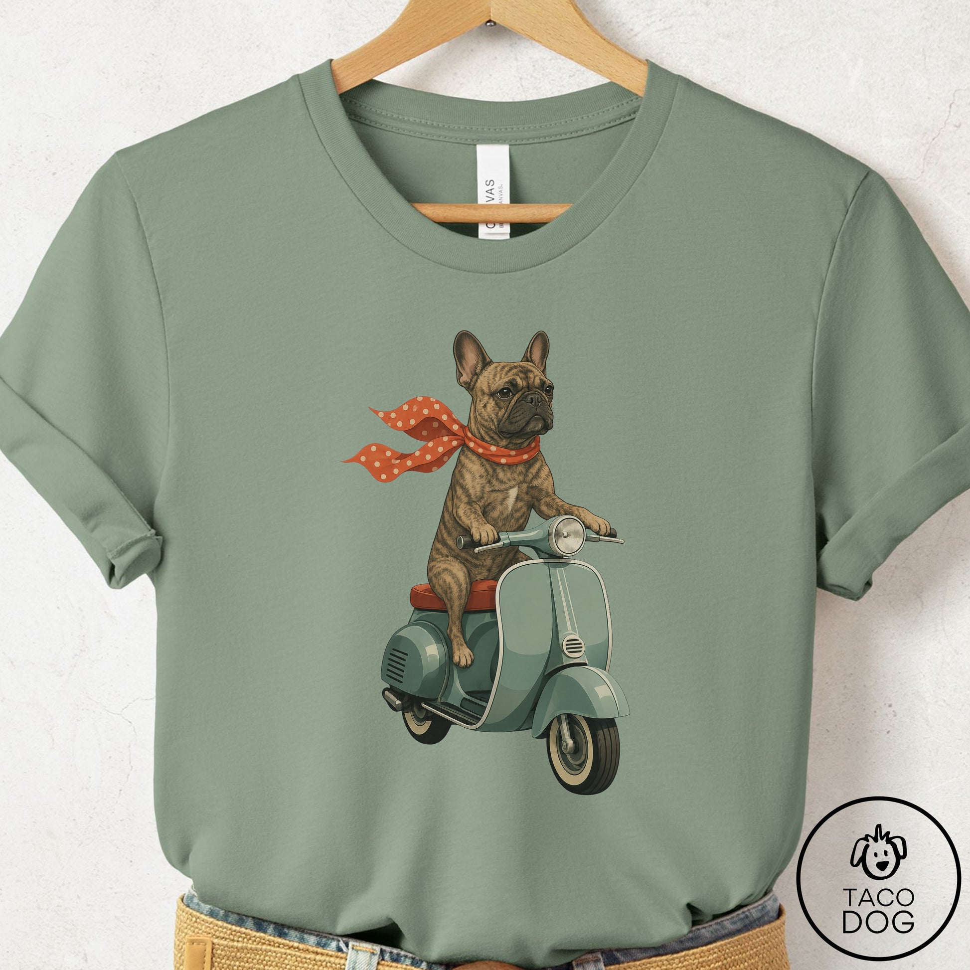 French Bulldog Frenchie Scooter T-Shirt Sage Taco-Dog