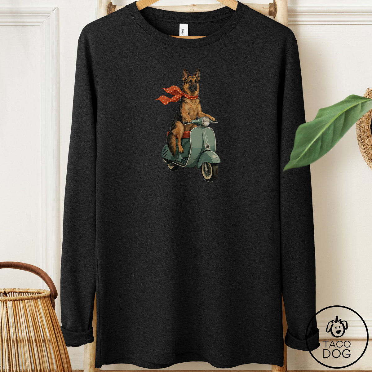 German Shepherd Scooter Long Sleeve Tee Black Heather Taco-Dog