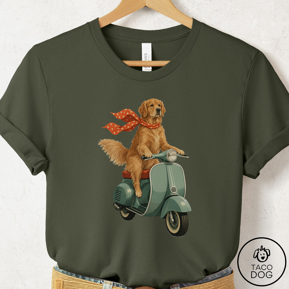 Golden Retriever Scooter T-Shirt Military Green Taco-Dog