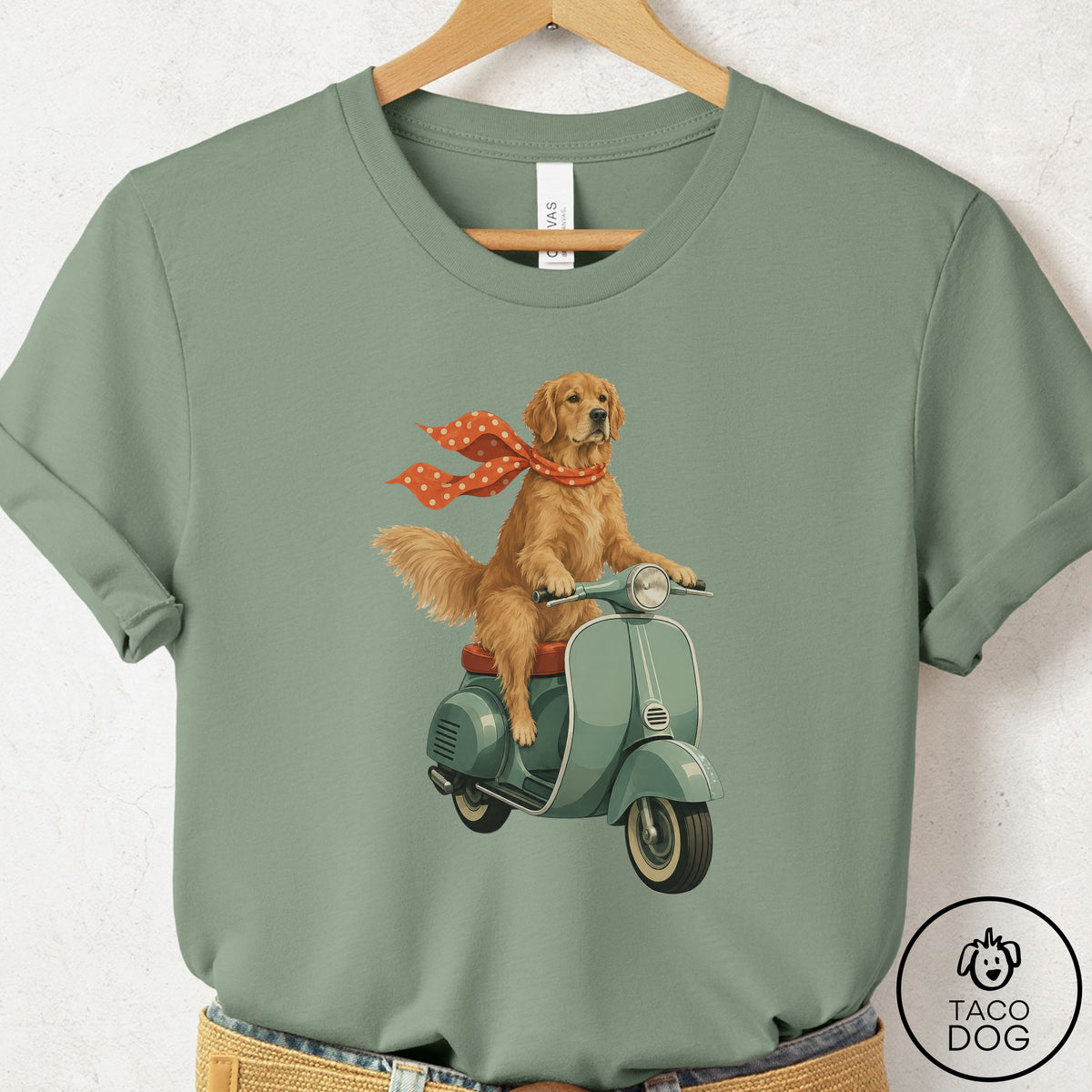 Golden Retriever Scooter T-Shirt Sage Taco-Dog