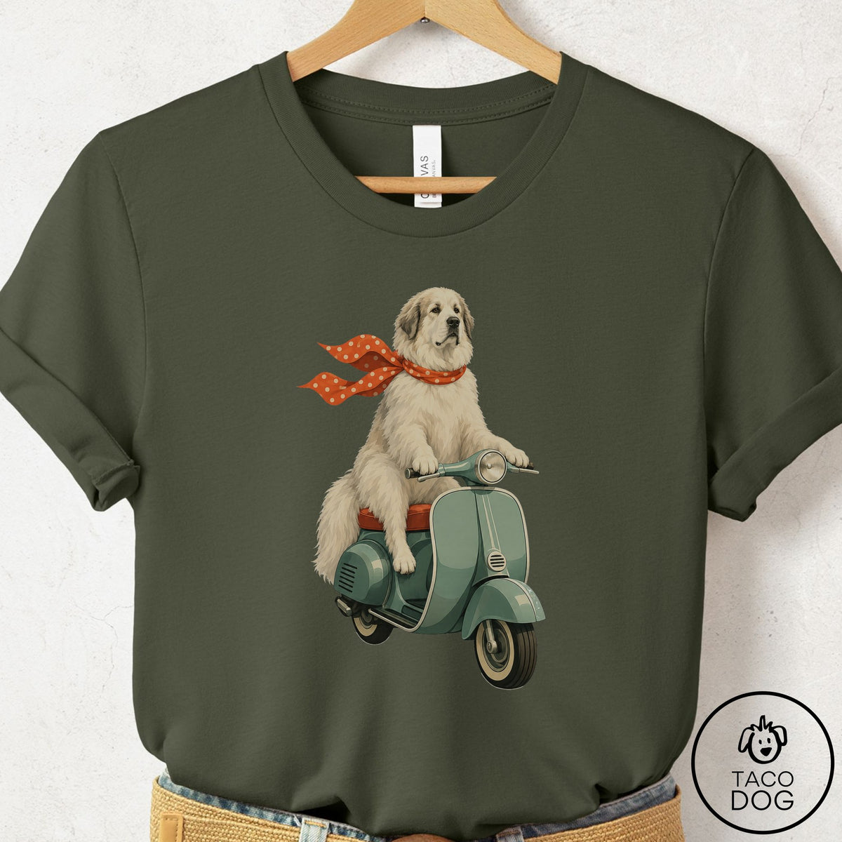 Great Pyrenees Scooter T-Shirt Military Green Taco-Dog
