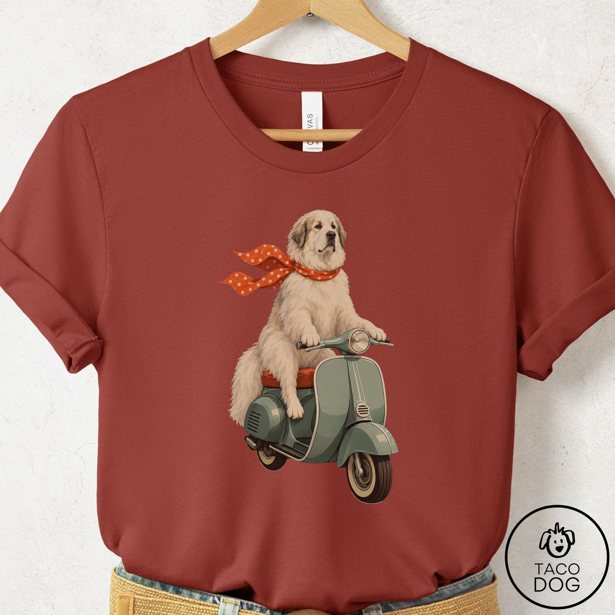 Great Pyrenees Scooter T-Shirt Rust Taco-Dog