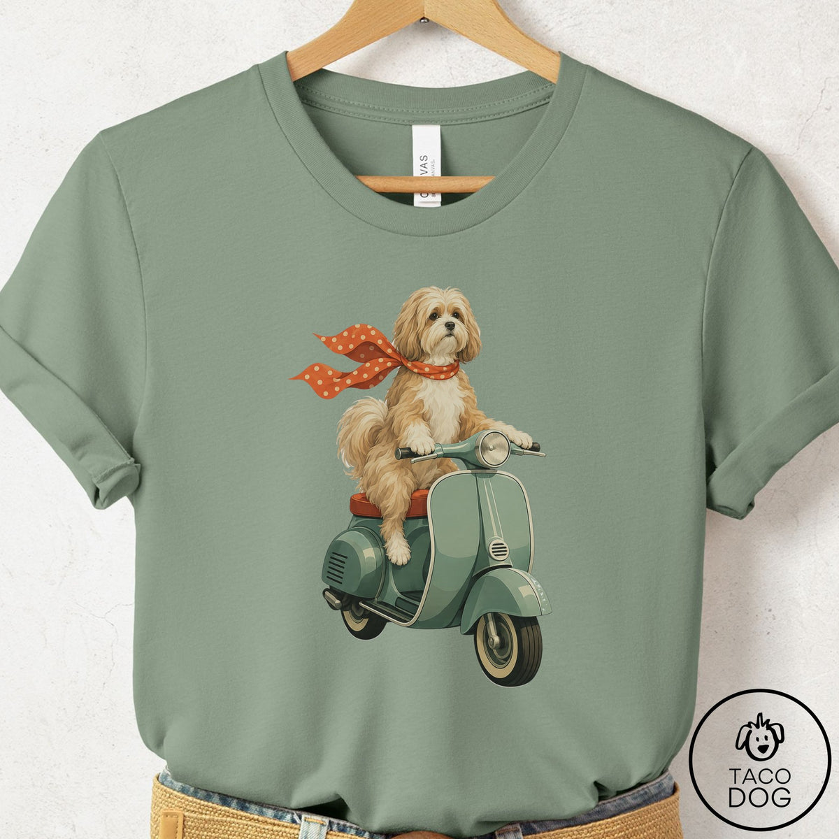 Havanese Scooter T-Shirt Sage Taco-Dog