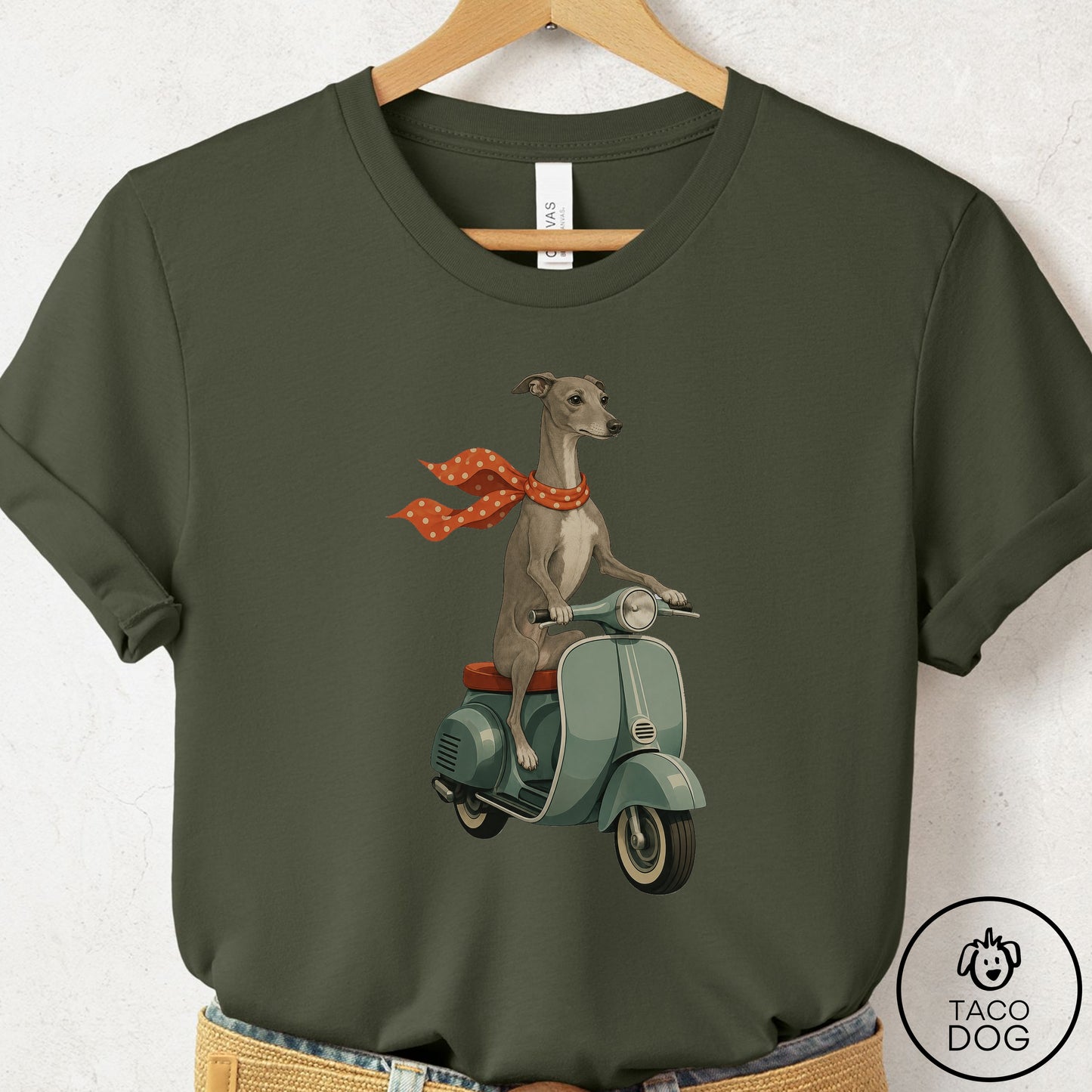 Italian Greyhound Whippet Scooter T-Shirt Military Green Taco-Dog
