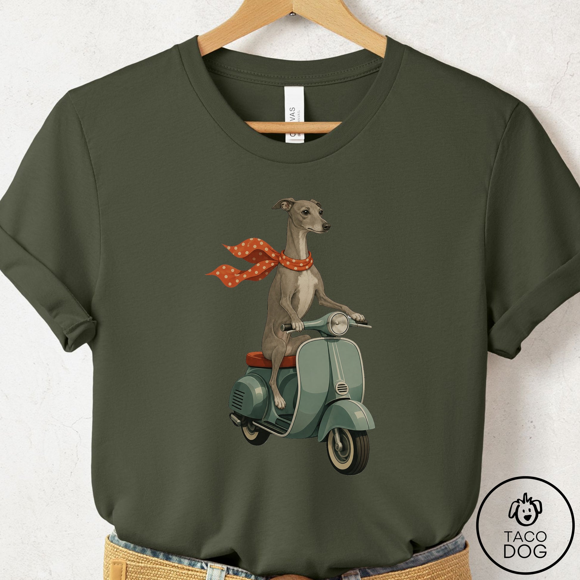 Italian Greyhound Whippet Scooter T-Shirt Military Green Taco-Dog