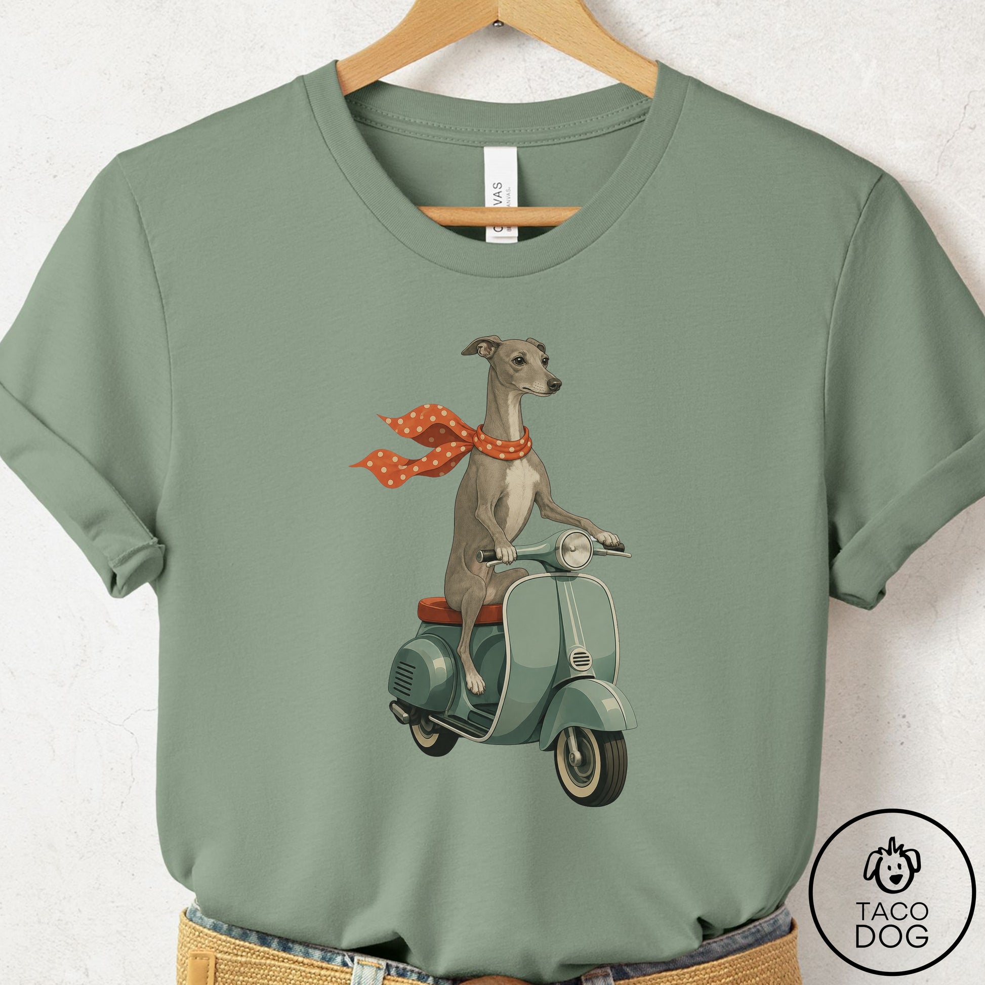 Italian Greyhound Whippet Scooter T-Shirt Sage Taco-Dog