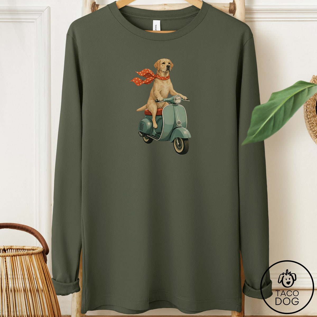 Labrador Retriever Lab Scooter Long Sleeve Tee Military Green Taco-Dog