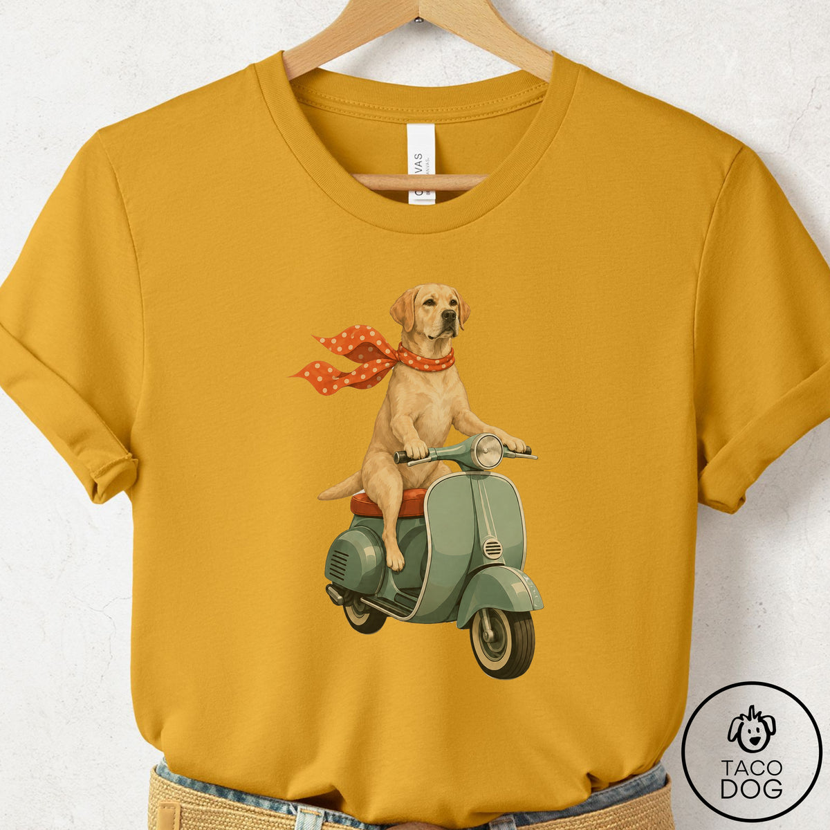 Labrador Retriever Lab Scooter T-Shirt Mustard Taco-Dog