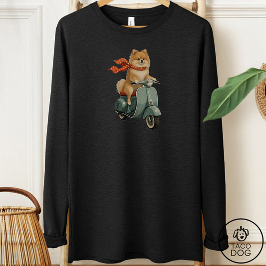 Pomeranian Scooter Long Sleeve Tee Black Heather Taco-Dog
