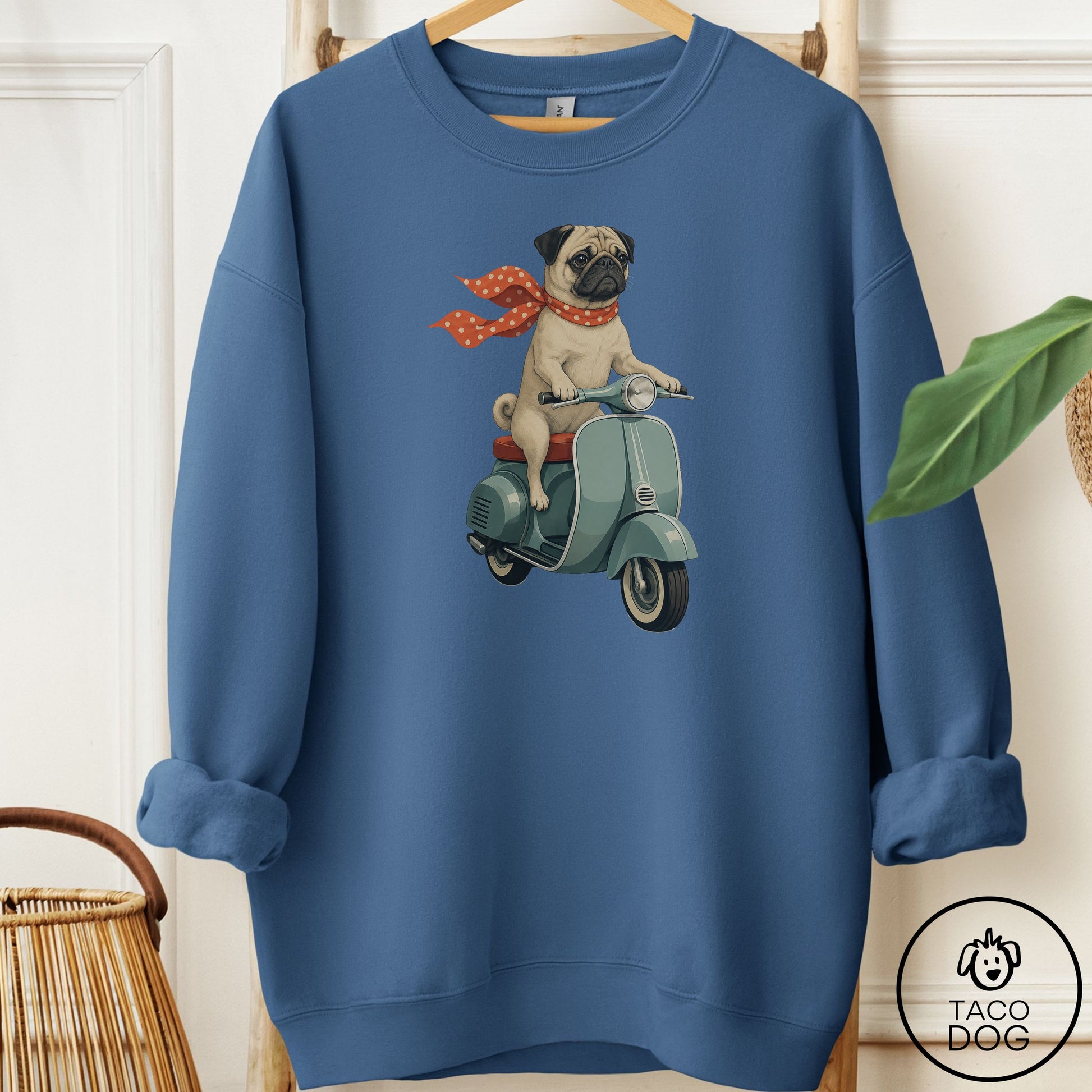Pug Scooter Sweatshirt Indigo Blue Taco-Dog