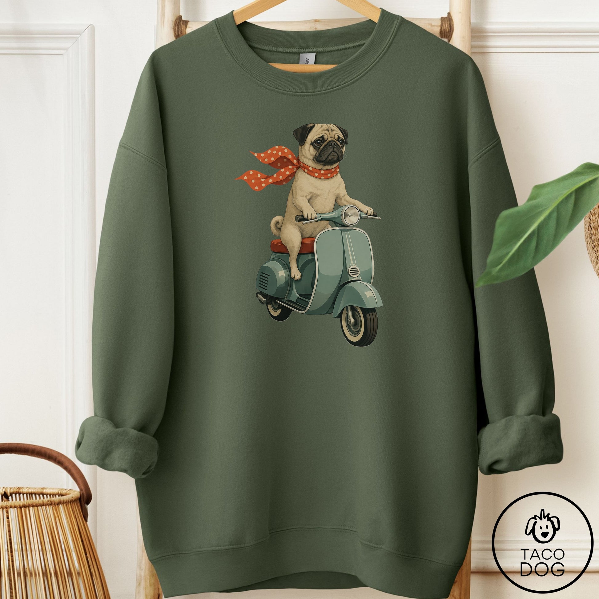 Pug Scooter Sweatshirt Military Green Taco-Dog