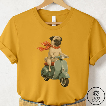 Pug Scooter T-Shirt Mustard Taco-Dog