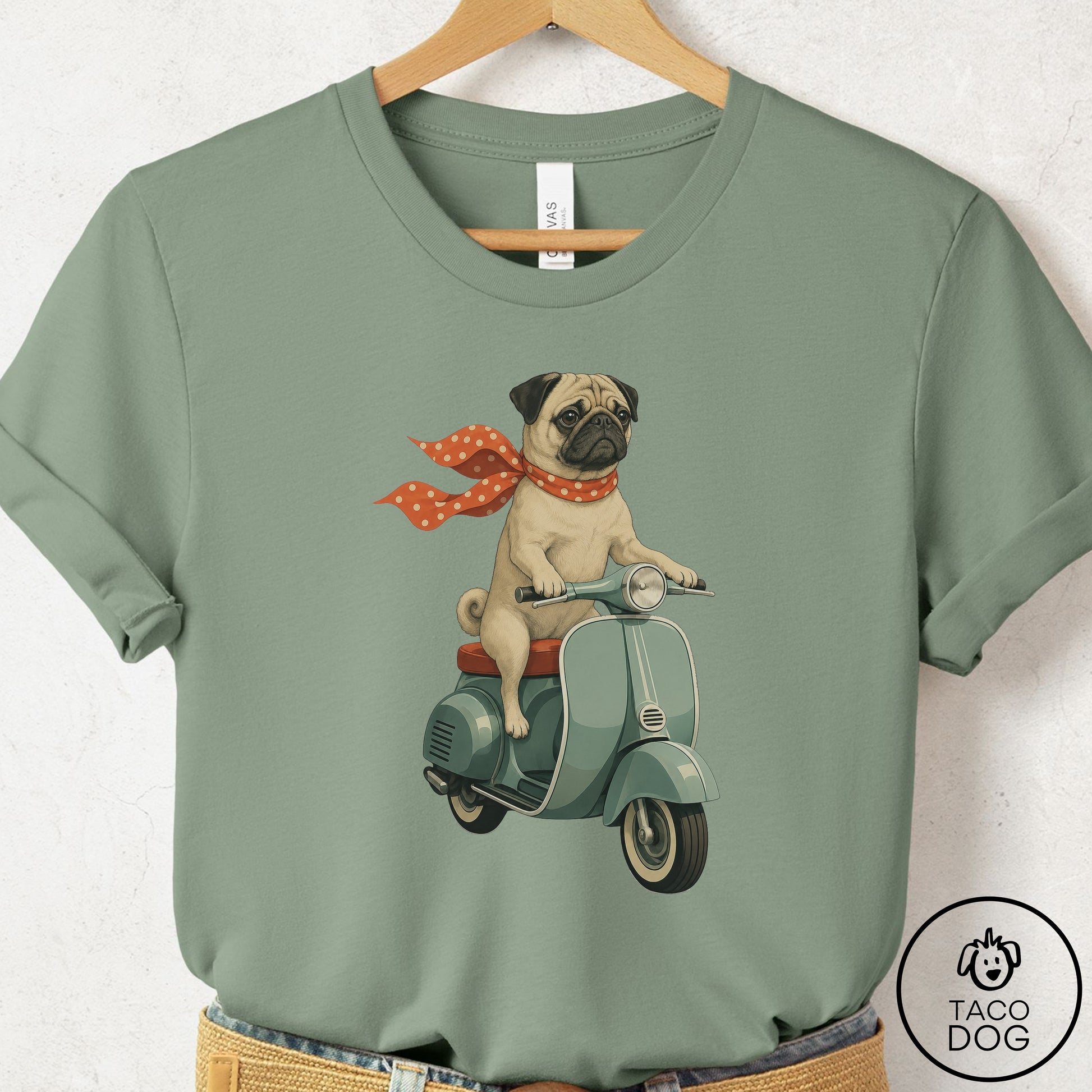 Pug Scooter T-Shirt Sage Taco-Dog