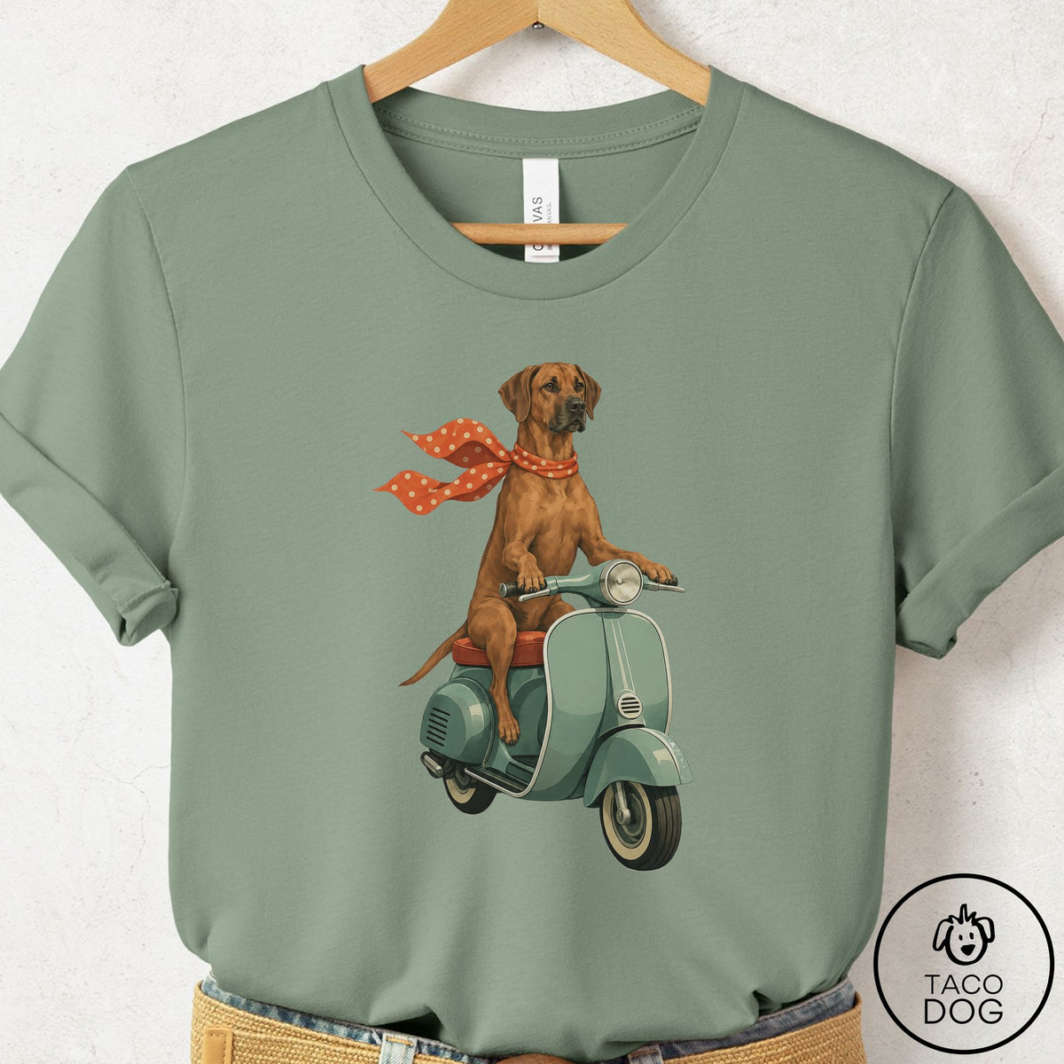 Rhodesian Ridgeback Scooter T-Shirt Sage Taco-Dog