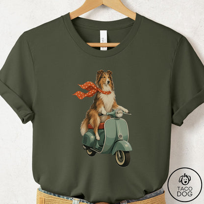 Rough Collie Scooter T-Shirt Military Green Taco-Dog