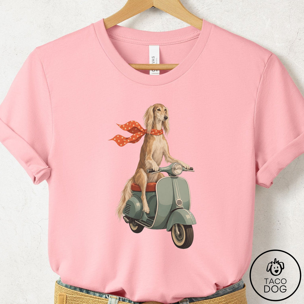Saluki Scooter T-Shirt Pink Taco-Dog