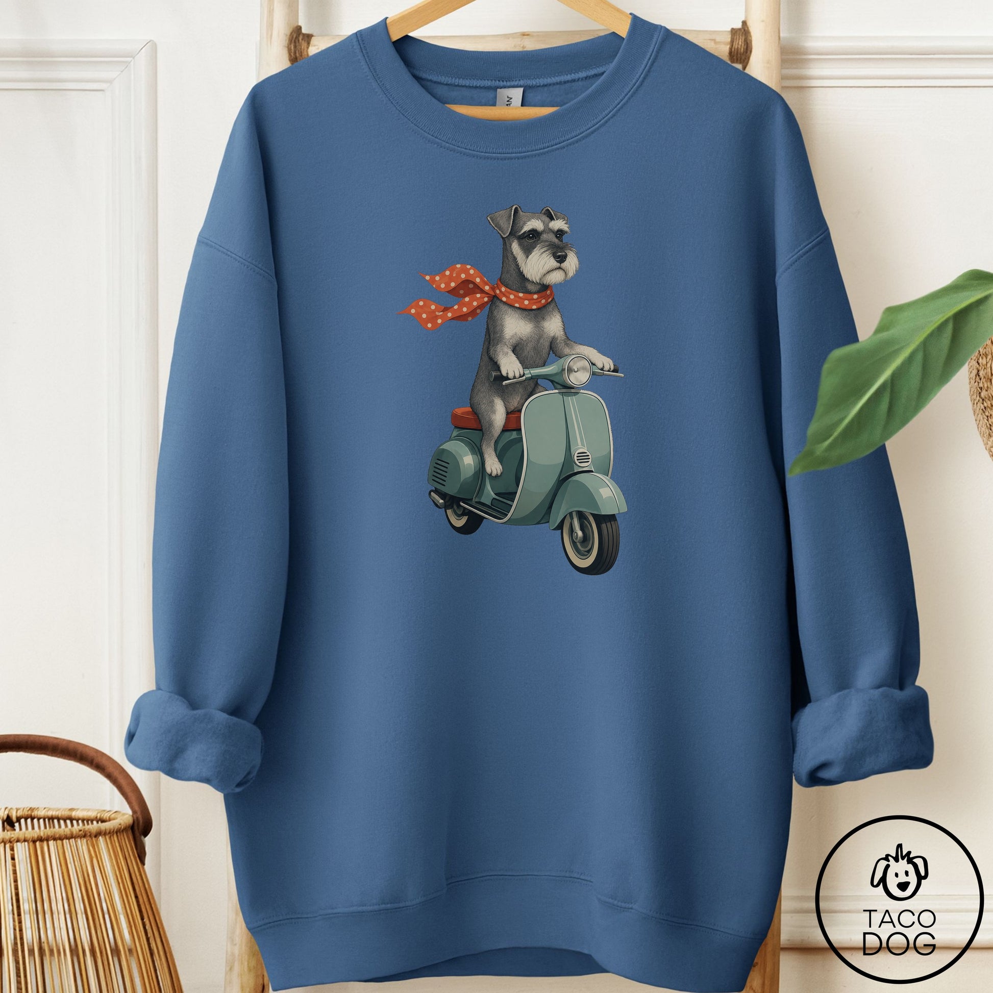 Schnauzer Scooter Sweatshirt Indigo Blue Taco-Dog